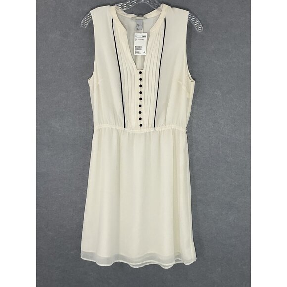 H&M Dress Women 10 Ivory Black Buttons Trim Pintuck Lined Ivy Preppy Timeless - Picture 1 of 13
